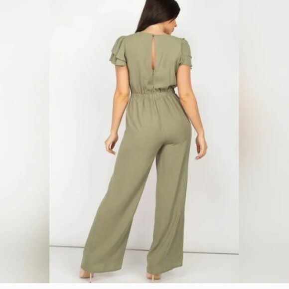 Haute Monde Pistachio Cap Flutter Sleeve Wide Leg Crochet Midriff Jumpsuit S - Picture 2 of 14